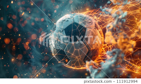 Classic soccer ball in flames tearing through the gate net, stretching it on a dark background. Realistic. 111912994