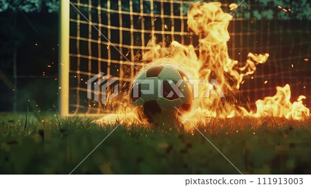 Quickly clean the soccer ball as it flies towards the goal with a fire effect in slow motion. Dark stadium background, green grass. Realistic. 111913003