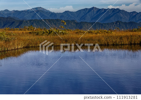 View of Oze/Kumazawa Tashiro pond and Echigo-Komagatake/Arasawadake in early autumn 111913281