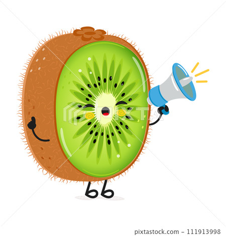 Kiwi fruit with loudspeaker character. Vector hand drawn cartoon kawaii character illustration icon. Isolated on white background. Kiwi fruit screams character concept 111913998