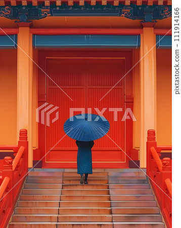 Woman with Blue Umbrella in Front of Red Building in Asian City 111914166