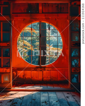 Traditional Japanese Home with Circular Orange Window Traditional Japanese Home with Circular Orange Window 111914168