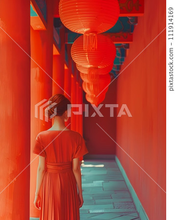 Woman in Red Blouse Walking with Lanterns in Surreal Post-Modernism Style Woman in Red Blouse Walking with Lanterns in Surreal Post-Modernism Style 111914169