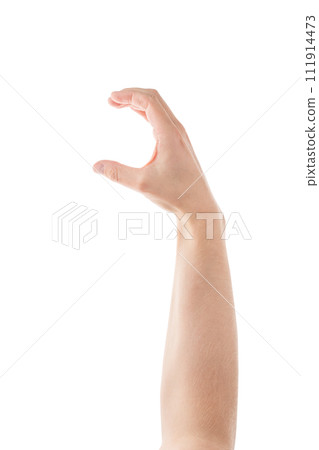Adult man hand hold something with fingers isolated on white background 111914473