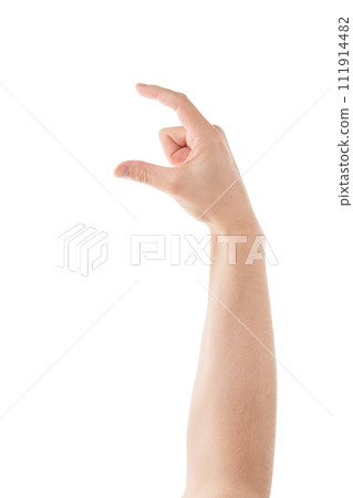 Adult man hand hold something with fingers isolated on white background Adult man hand hold something with fingers isolated on white background 111914482