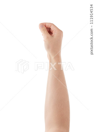 Adult man hand hold something with fingers isolated on white background Adult man hand hold something with fingers isolated on white background 111914534