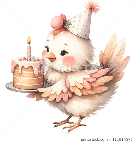 Cute animal watercolor holding birthday cake 111914575