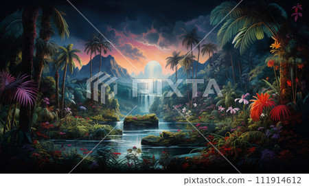 Fantasy landscape with waterfalls, panorama. Generative AI 111914612