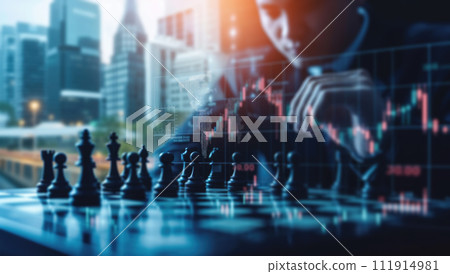Double exposure of chess board game and business people with financial graph chart and city background Double exposure of chess board game and business people with financial graph chart and city background 111914981