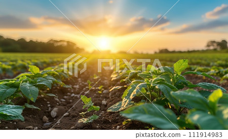 Agricultural field with young green pepper plants in the sunset. Agricultural field with young green pepper plants in the sunset. 111914983