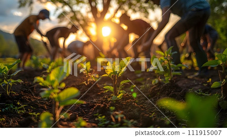 Group Working Together to Plant Trees on Organic Farm at Sunset 111915007