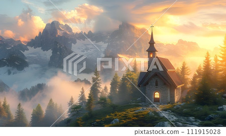 Church in the Mountains Surrounded by Clouds and Trees Church in the Mountains Surrounded by Clouds and Trees 111915028