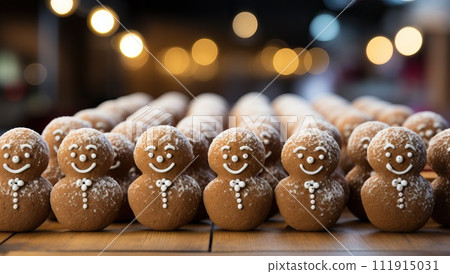 Gingerbread men in a row on wooden table with bokeh background Gingerbread men in a row on wooden table with bokeh background 111915031