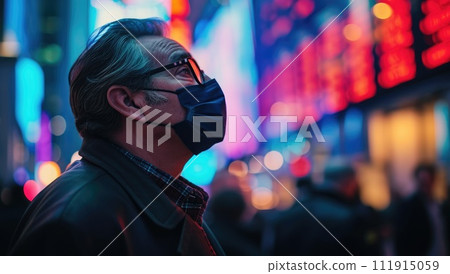 Senior man observing vibrant city nightlife 111915059