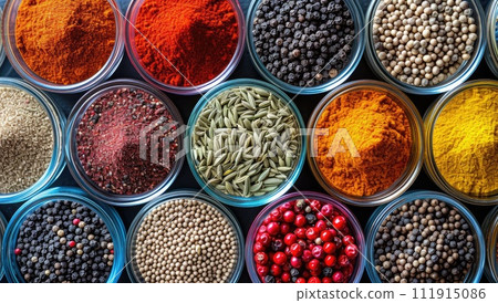 Spices and herbs in bowls. Food background. Top view. Spices and herbs in bowls. Food background. Top view. 111915086