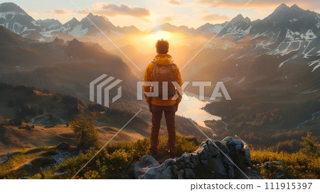 Man Overlooking Mountains at Sunset in Unreal Engine Style 111915397