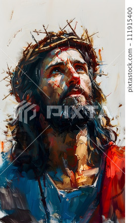 Hyper-Detailed Portrait of Jesus Christ with Crown of Thorns 111915400