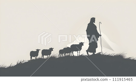 Shepherd with Sheep Walking on a Hilltop Landscape Shepherd with Sheep Walking on a Hilltop Landscape 111915465