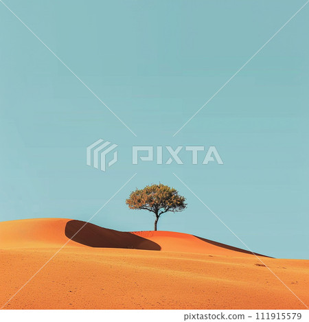 A single tree stands resilient against the vastness of a sandy desert dune, under a clear blue sky A single tree stands resilient against the vastness of a sandy desert dune, under a clear blue sky 111915579