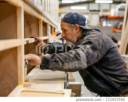 Woodworking Professional Installing Cabinet Drawers in Factory 111915592