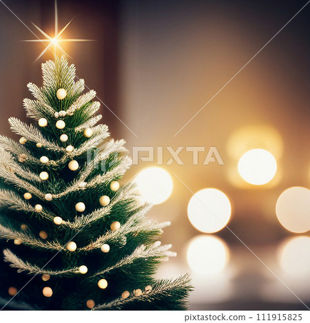 Close up Christmas tree and decoratin ball with bokeh background, created with generative AI technology 111915825