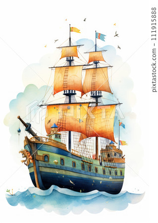 Pirate ships and sail in watercolor style on white background Created with Generative AI technology. 111915888