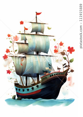 Pirate ships and sail in watercolor style on white background Created with Generative AI technology. 111915889