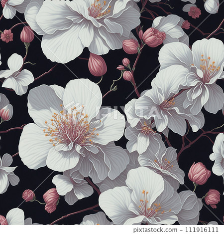 Retro vintage seamless pattern of botanic garden cherry blossom flowers, created with generative AI technology 111916111