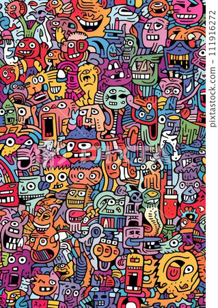 Illustration of colorful doodle crowd cute alien and monster Created with Generative AI technology. 111916272