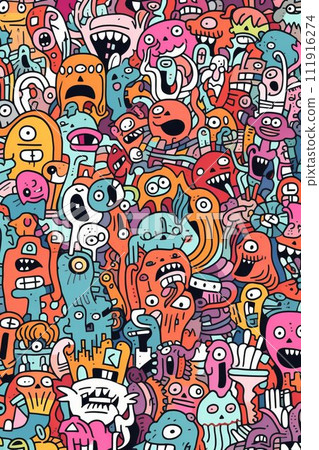 Illustration of colorful doodle crowd cute alien and monster Created with Generative AI technology. 111916274