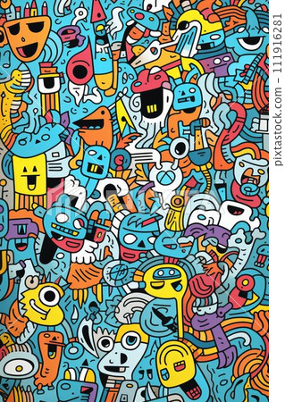 Illustration of colorful doodle crowd cute alien and monster Created with Generative AI technology. 111916281