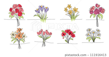 Set of bouquet of flowers lineart single line, clip art, roses, tulips, crocus, daisy, daffodil. vector illustration for postcards, design, One continuous line drawing 111916413
