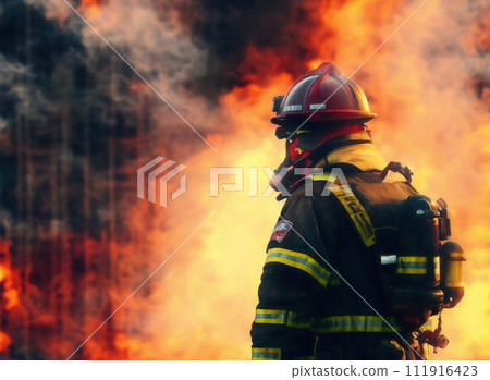 Backlit of a fireman with fire background, created with generative AI technology 111916423