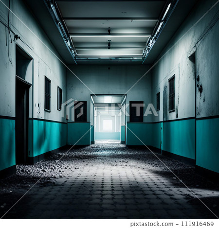 Abandoned asylum with eerie lights and... - Stock Illustration ...