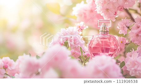 Perfume bottle in flowers, fragrance on blooming background, floral scent and cosmetic product Perfume bottle in flowers, fragrance on blooming background, floral scent and cosmetic product 111916538