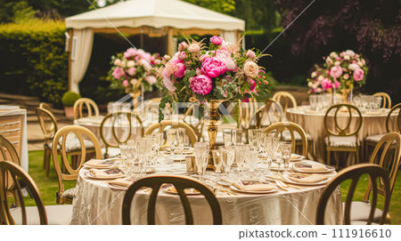 Wedding decoration with peonies, floral decor and event celebration, peony flowers and wedding ceremony in the garden, English country style Wedding decoration with peonies, floral decor and event celebration, peony flowers and wedding ceremony in the garden, English country style 111916610