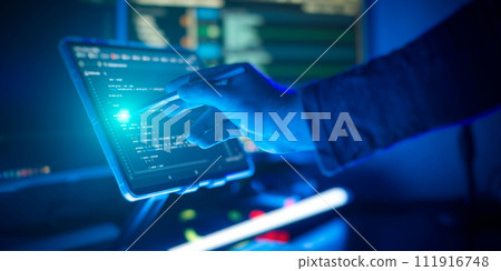 Working atmosphere of a programmer at home . ?oding html and programming on screen laptop, development web Working atmosphere of a programmer at home . ?oding html and programming on screen laptop, development web 111916748