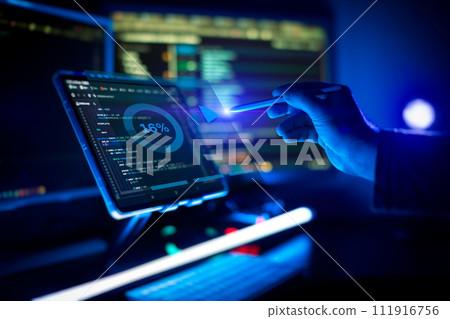 Working atmosphere of a programmer at home . ?oding html and programming on screen laptop, development web Working atmosphere of a programmer at home . ?oding html and programming on screen laptop, development web 111916756