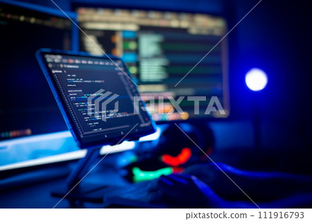 Working atmosphere of a programmer at home, background. Programming code abstract screen 111916793