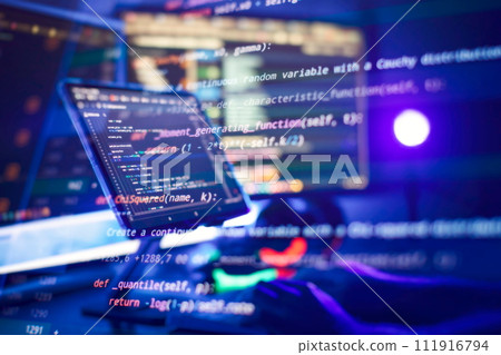 Working atmosphere of a programmer at home, background. Programming code abstract screen 111916794