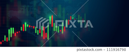 A stock market or Forex trading chart on a dark blue background with space to copy. 111916798