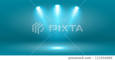 A set of spotlights with bright blue light illuminating the stage on a light blue background. 111916800