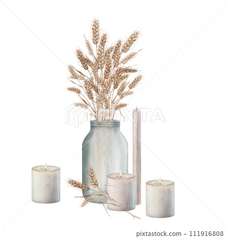 Ears of wheat in a glass vase jar, candle. Autumn harvest. Watercolor hand painting illustration on isolated white background. For design bakery, home products, restaurant menu element 111916808