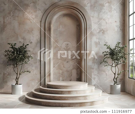 Luxury Round podium with arch and curtains. Mock up, 3D Rendering 111916977