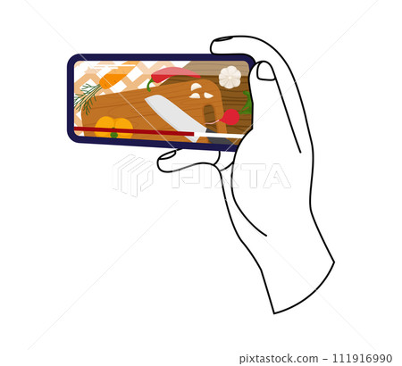 Watching videos online on mobile phone screen. Podcast, news, watching video online, talk show, tv application, live streaming. Hand holding phone 111916990