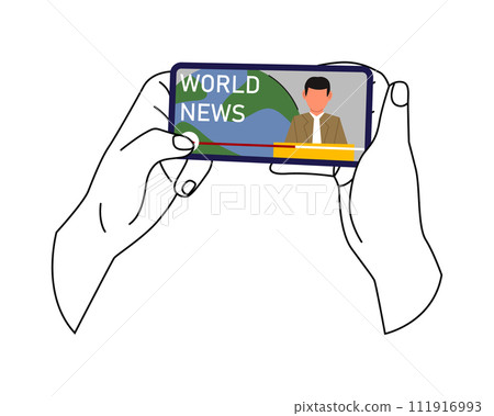 Watching videos online on mobile phone screen. Podcast, news, watching video online, talk show, tv application, live streaming. Hands holding phone Watching videos online on mobile phone screen. Podcast, news, watching video online, talk show, tv application, live streaming. Hands holding phone 111916993