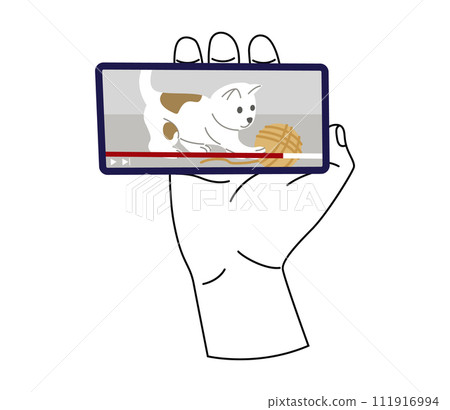 Watching videos online on mobile phone screen. Podcast, news, watching video online, talk show, tv application, live streaming. Hand holding phone Watching videos online on mobile phone screen. Podcast, news, watching video online, talk show, tv application, live streaming. Hand holding phone 111916994