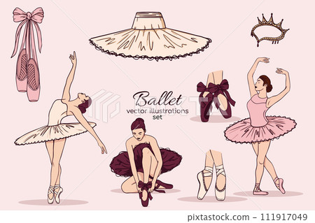 Hand drawn sketch ballet set. Cute ballet vector watercolor set. Vector illustration of ballerina, ballet shoes and dress 111917049