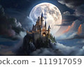 滿月和城堡在黑夜中閃耀的插圖 111917059