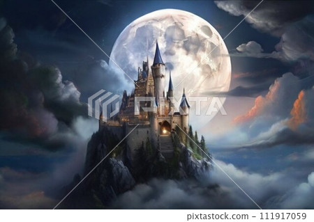 滿月和城堡在黑夜中閃耀的插圖 滿月和城堡在黑夜中閃耀的插圖 111917059